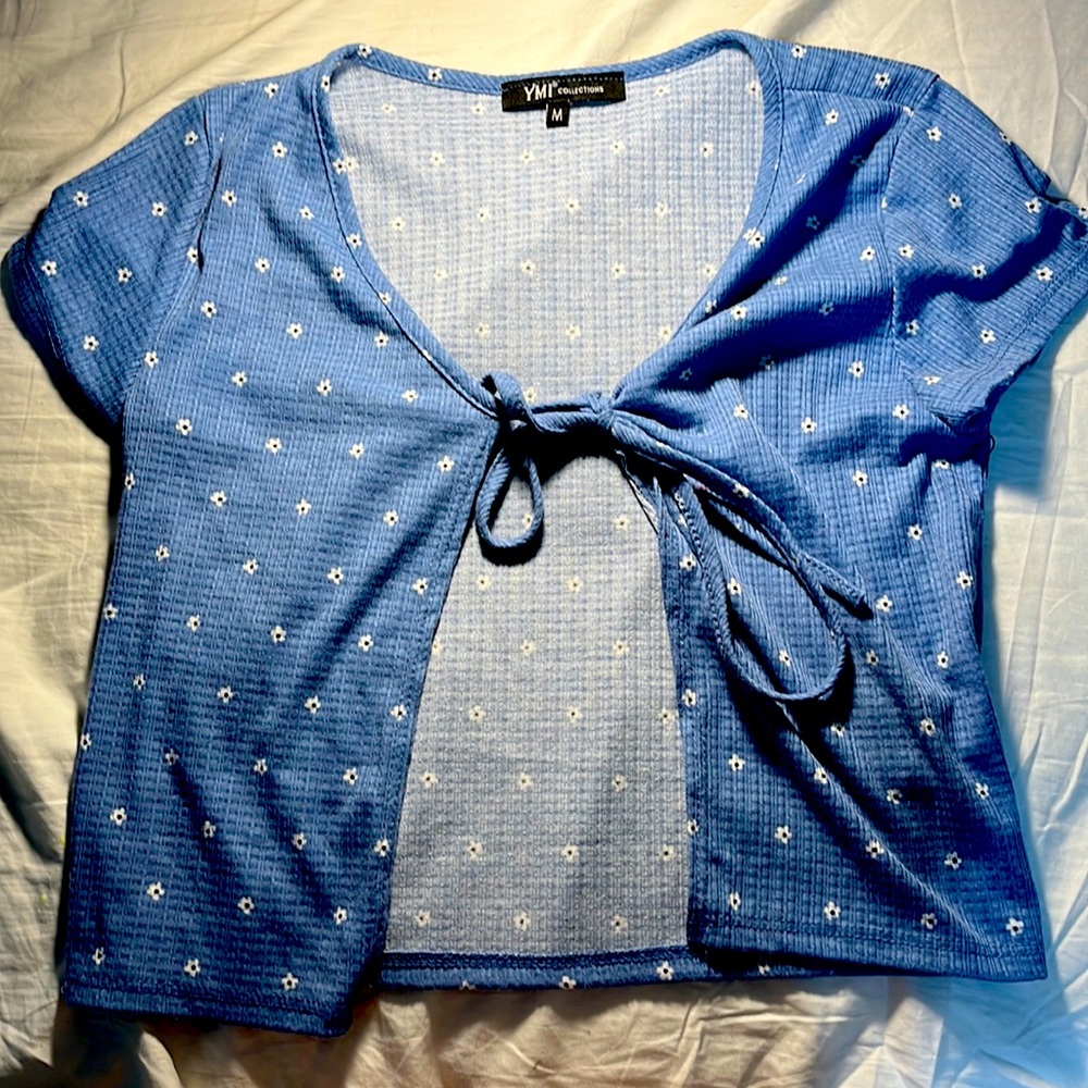 Light blue cardigan that could work as a shirt with tying front.